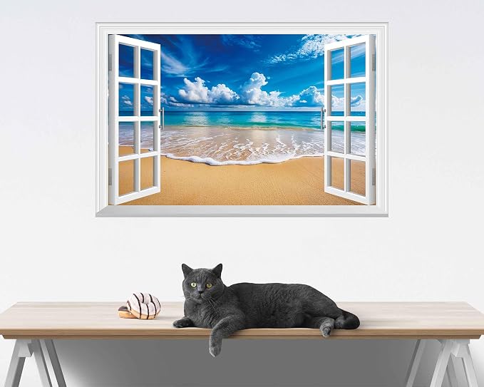 FLFK Fake Window Wall Mural - Ocean Beach Faux Window Wall Sticker for Wall Decor, Peel and Stick Wall Decals,48"x32",Set of 2 Sheets - Image 3