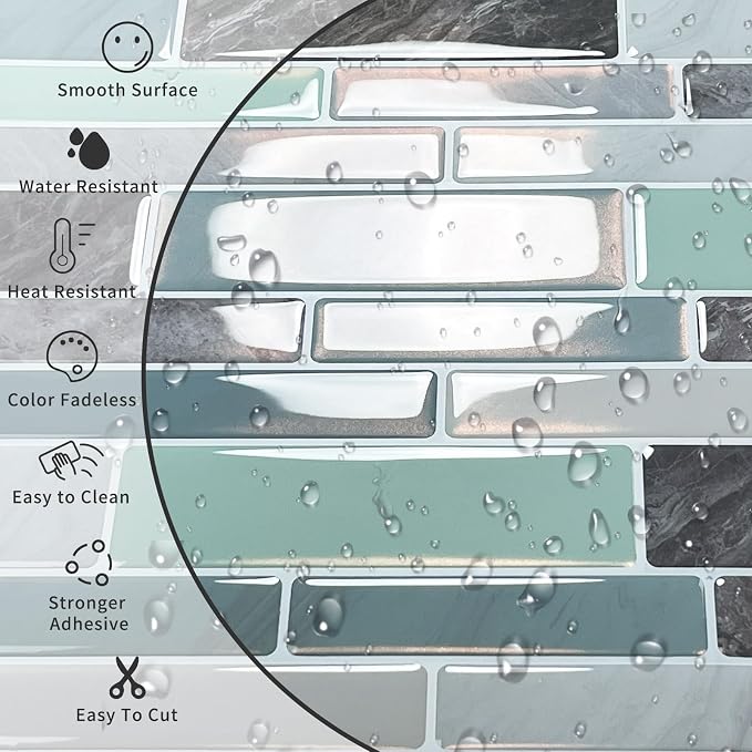 10-Sheet Peel and Stick Kitchen Backsplash Tiles | 3D Waterproof Self Adhesive Wall Tile Stick on Backsplash for Kitchen and Bathroom(Blue Green,12"×12") - Image 3