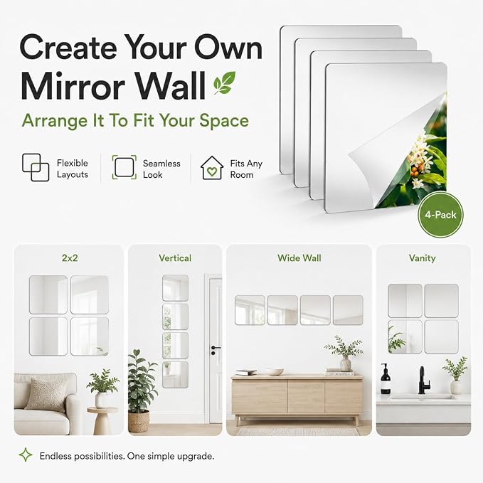 LXCREAT 4 Packs Peel and Stick Mirrors for Wall, 11.8" x 11.8" Mirror Tiles - Image 5