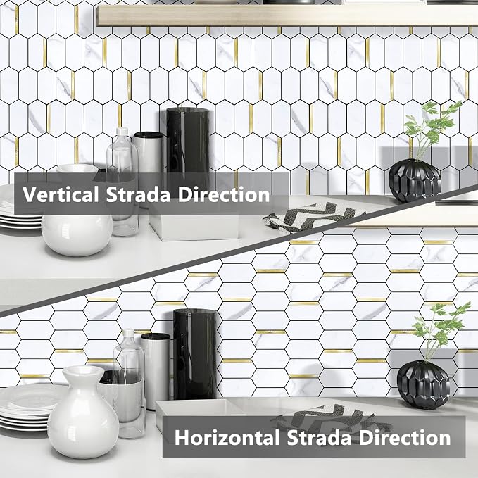 Vamos Tile Long Hexagon Peel and Stick Backsplash Tile - 10 Sheets Stick on Backsplash for Kitchen and Bathroom 12.4 x 12 Inch White Marble Look PVC Mixed Metal Gold Self Adhesive Mosaic Wall Tiles - Image 4