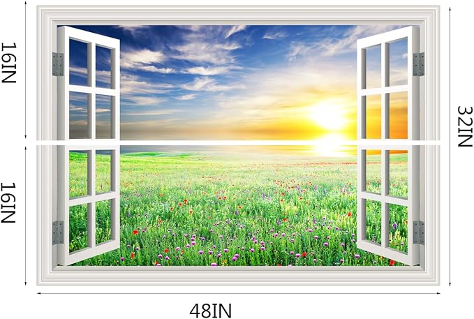 Fake Window Wall Mural Sticker -Summer Green Grassland Open Wall Art Decal | Faux Window Natural Scenery Landscape Decorations｜Stick and Peel Wall Decals｜Room Bedroom Office Decor｜48"x32",Set of 2 Sheet - Image 2