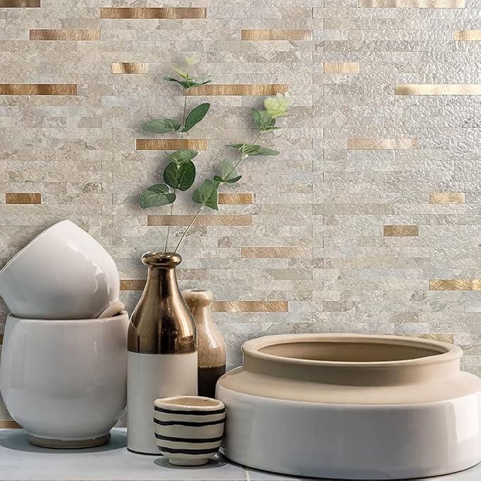 AULIGET 20 Sheets Faux Stone Peel and Stick Backsplash, Beige Marble Look PVC Wall Tiles Stick on Backsplash for Kitchen - Image 2