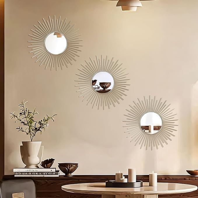 3 Pack Metal Mirrors for Wall Sunburst Wall Mirrors Home Décor Decorative Hanging Wall Art for Living Room Bedroom Entryway (Silver2, Sunburst) - Image 3
