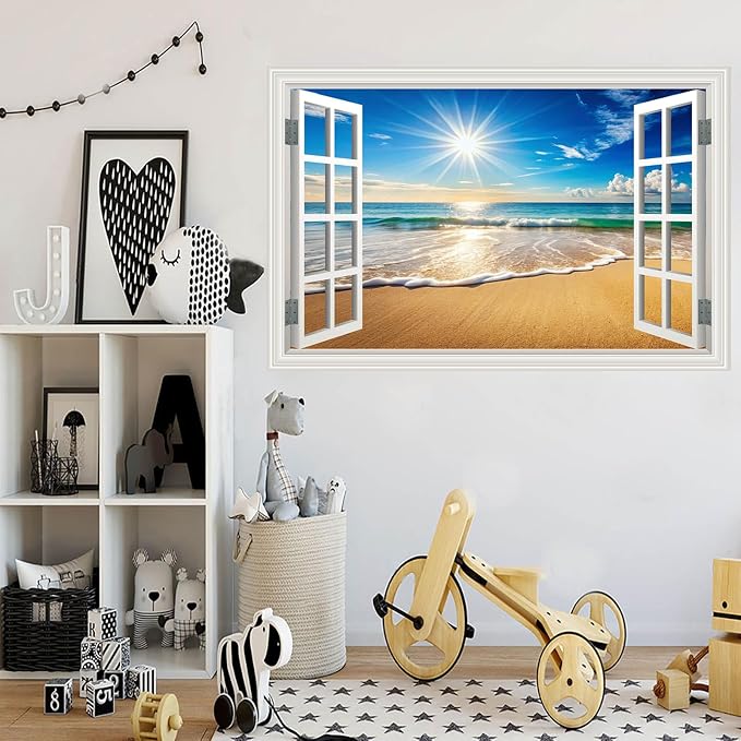 Fake Window Wall Decals Beach Ocean Sea Faux Window Wall Sticker Art Picture Poster Coastal Room Decor, Stick and Peel Landscape Natural Scenery Sunrise Seascape Scene Mural（48"x32"） - Image 9
