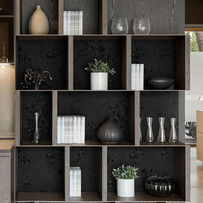 Black Peel and Stick Wallpaper Floral Black Wallpaper 18in x 197in | Embossed Flower Contact Paper Textured Self Adhesive Paper for Cabinets Bathroom Dark Floral Removable Waterproof Decor Vinyl - Image 7