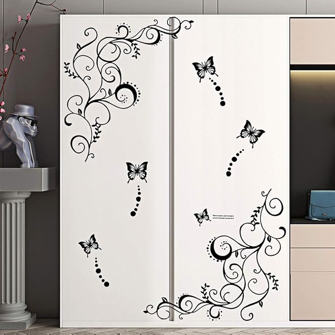 Hot Fashion Removable Vinyl DIY Black Nursery Flowers Vine and Beautiful Butterfly Wall Corner Decals Wall Sticker Murals Home Art Decor for Girls Kids Bedroom Living Room Home Decorations - Image 2