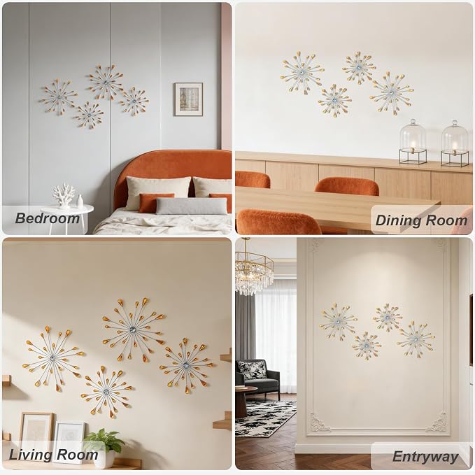 ZEXUIRU 4 Set Silver Starburst Wall Art for Home Decor Metal Bling Crystal Rhinestones Sunburst Wall Decor Sparkling Rhinestone Art Accent -Orange 13in/11.8in/9.8in/9.8in - Image 6