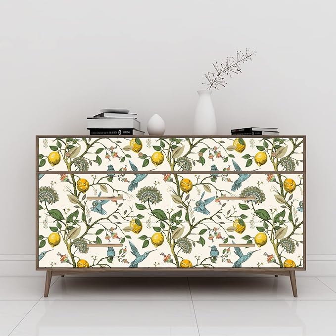 Blue Bird Wallpaper Fresh Lemon Tree Peel and Stick Wallpaper | Vintage Botanical Bird Fruit Self Adhesive Wall Paper Removable Waterproof Prepasted Contact Paper Wall Mural 17.7in x 9.8ft - Image 2