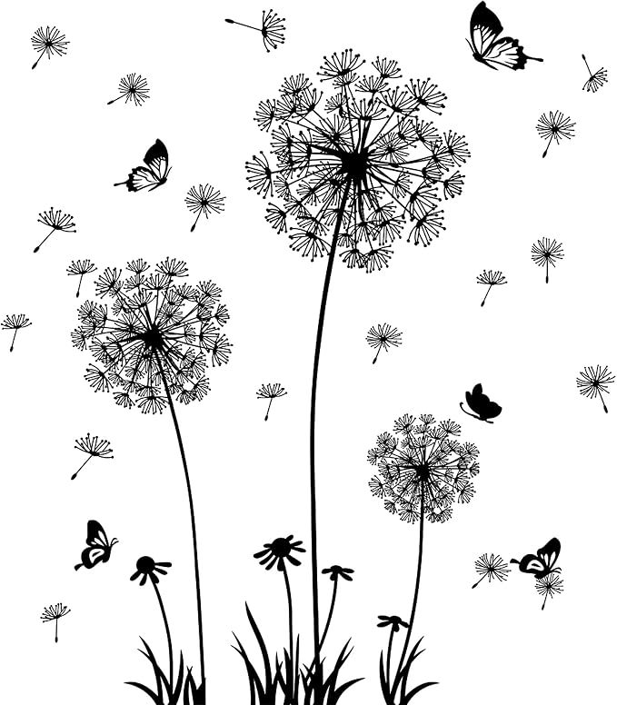 Dandelion Wall Decals Removable Flower Wall Stickers Peel and Stick Floral Butterfly Murals Party Decoration for Bedroom Living Room Sofa Backdrop TV Dandelion Wall Decor (Black) by Buiory