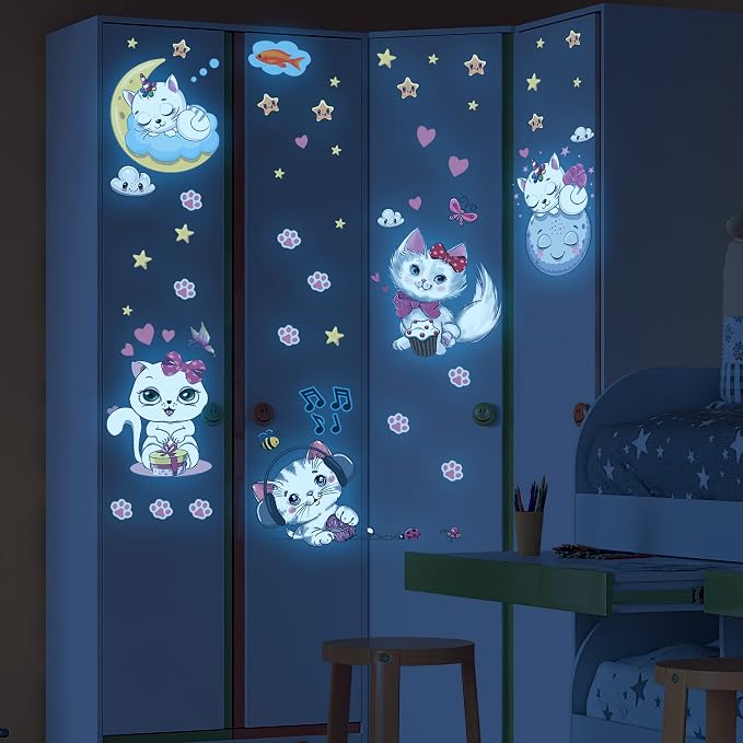 Glow in The Dark Stars for Girl's Room, Glowing Cats Cartoon Wall/Ceiling Decals, Kitten Butterflies Stickers for Kids Bedroom, Luminous Wall Decor for Nursery (Blue) - Image 2