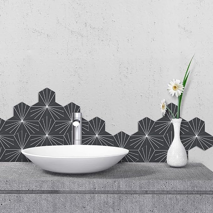 AULIGET Flower Vintage Hexagon Tile Peel and Stick Backsplash, 6"x7" Self Adhesive Wall Tiles in Grey (Pack of 45) - Image 6