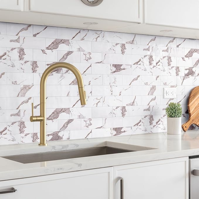 StyloVue 100 Pieces Peel and Stick Backsplash for Kitchen, 3" x 6" PVC Subway Tile 2026 Upgraded White Marble with Gold Accent Backsplash Stick on Tile Elevate Kitchen Fireplace RV - Image 2