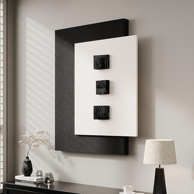 Cuspin Modern Black and White 3D Wall Art for Living Room, 28x36 In | Minimalist wood wall art, Sandstone-like textured artworks for walls, Bedroom dining room hallway office wall decor by Cuspin