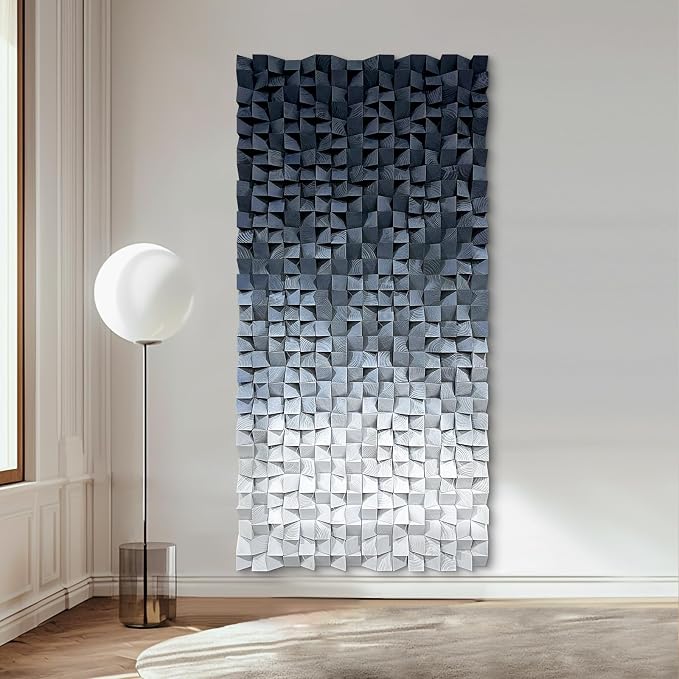 LIUZEYUE Blue and White Textured Wood Wall Art, Monochrome Block Gradient | extra large carved wood wall art; black and white, block shadow depth; stair landing narrow-wall centerpiece; 23.6 x 47.2 in by Unknown