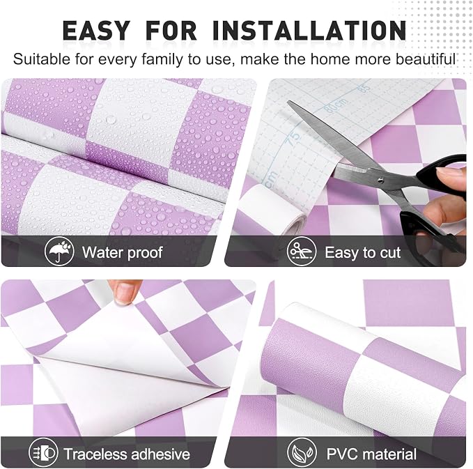 Purple and White Contact Paper Mosaic Checkered Peel and Stick Wallpaper 17.3"x120" Self Adhesive Waterproof Vinyl Roll for Bathroom Kitchen Backsplash Cabinets Shelf Liners Drawers - Image 2