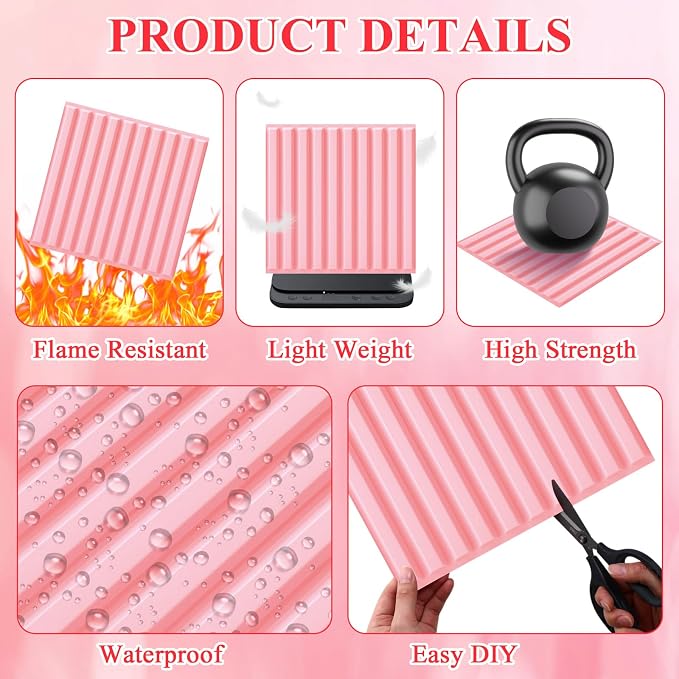 Nuanchu 32 Pcs 3D Wall Panels, 12"x12" PVC Fluted Tiles, Pink | Waterproof Accent Panels, Paintable Wall Tiles, for TV Background, Bedroom, Bathroom, Gaming Room, Cuttable Home DIY Decor - Image 3