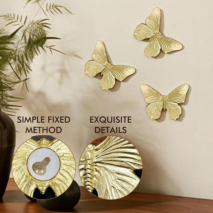 GUSFREUD 3D Butterfly Wall Decor Set – Resin Wall Decor for Living Room, Bedroom, Bathroom, Dining Room, Outdoor and Gallery Walls - Antique Gold - Set of 3 - Image 4