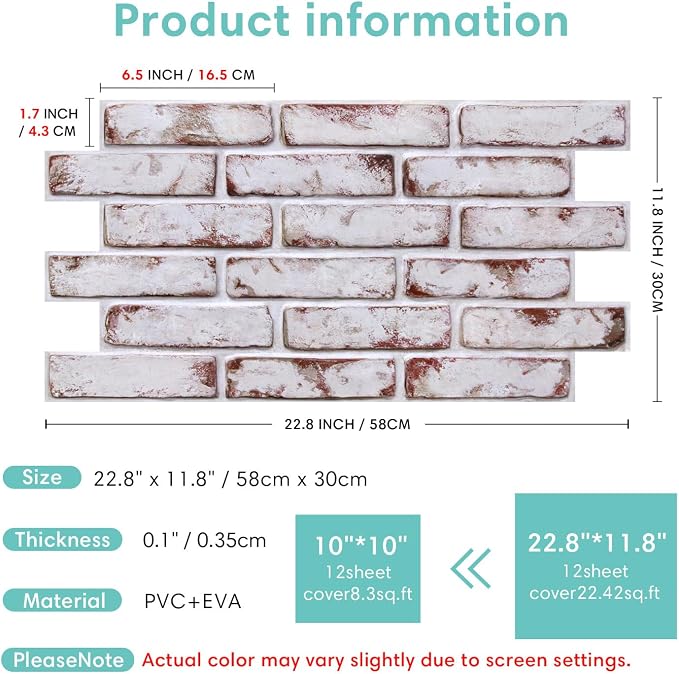 Commomy Faux Brick 3D Wall Panels,Thin UrltraLight PVC 12 pcs | 22.8" x 11.8" Peel and Stick Tile Whitewash & Red Brick Textured for Kitchen,Bedroom, Living Room（Covers 22.48 sq.ft） - Image 6