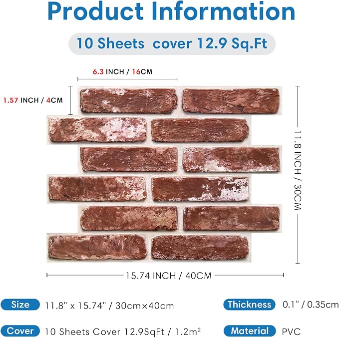 COMSTICKC 3D Faux Brick Wall Panels Peel and Stick, 10 Pcs 15.7" x 11.8" | Red, Not Real Brick, Lightweight Thin PVC Wallpaper, Fake Brick Wall Sticker for Quick DIY Wall Upgrades, Cover 12.9 sq ft - Image 5