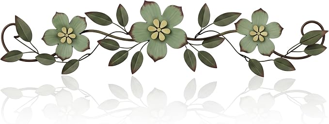 Wesiti Metal Flower Wall Decor Wrought Iron Scroll 15.7x3.7,Green | Vintage Metal Flower decor,Farmhouse Leaf Art with Nails, Flat Not 3D Design, For Bedroom Kitchen Indoor Outdoor Wall Decor by Unteilti
