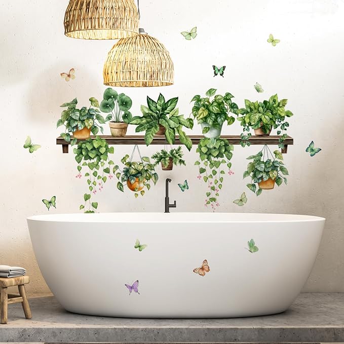 2 Sheets Potted Green Plants Wall Stickers & Murals Peel and Stick Removable Wall Decals Living Room Vinyl 3D Wall Stickers for Bedroom Bathroom Cabinet Vine Wall Clings Decor with Butterflies by SWORNADecorationLLC
