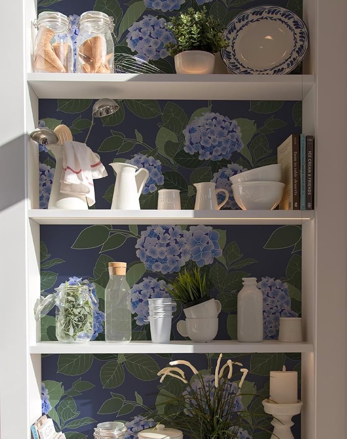 Floral Peel and Stick Wallpaper Self Adhesive Hydrangea Wall Paper French Country Cream Stick on Wallpaper for Bedroom Wall Decor Elegant Mural (Navy Hydrangea, 118" X 17.4") - Image 3