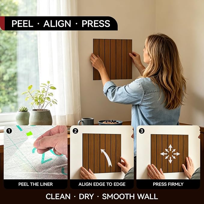 CUCOS Wood Slat Wall Panels Peel and Stick 12"x12" | Self Adhesive PVC Wall Panels for Accent Wall, Waterproof Wall Decor for Living Room Bedroom Office, Dark Brown - Image 4