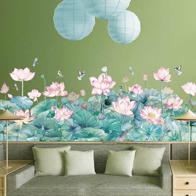 Watercolor Pink Lotus Wall Decals Chinese Style Water Lilies Wall Stickers Vinyl Removable Birds and Dragonflies Art Murals for Living Room Bedroom Office Girls Room Playroom Bathroom Wall Decoration - Image 5
