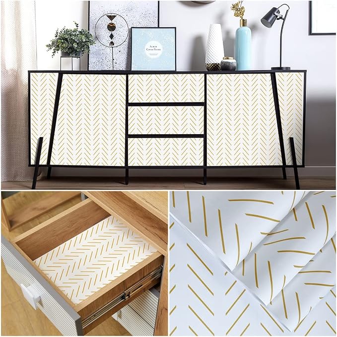 Orainege Peel and Stick Wallpaper Yellow and White Contact Paper | 17.7 in x393.7 in Herringbone Geometric Wall Paper Peel and Stick Modern Lines Decorative Self Adhesive Wallpaper for Bedroom - Image 5