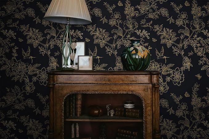 Froluya Black Gold Floral Wallpaper Peel and Stick Wallpaper 17.7in×393.7in | Dark Floral Contact Paper Peel and Stick Vintage Boho Birds Removable Self Adhesive Wallpaper for Bathroom Cabinets Vinyl - Image 5