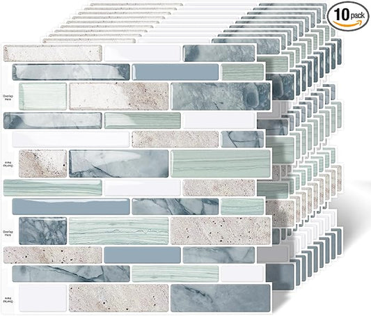 10-Sheet Peel and Stick Kitchen Backsplash Tiles | 3D Waterproof Self Adhesive Wall Tile Stick on Backsplash for Kitchen and Bathroom(Sage Green,12"×12") by MOONFUN