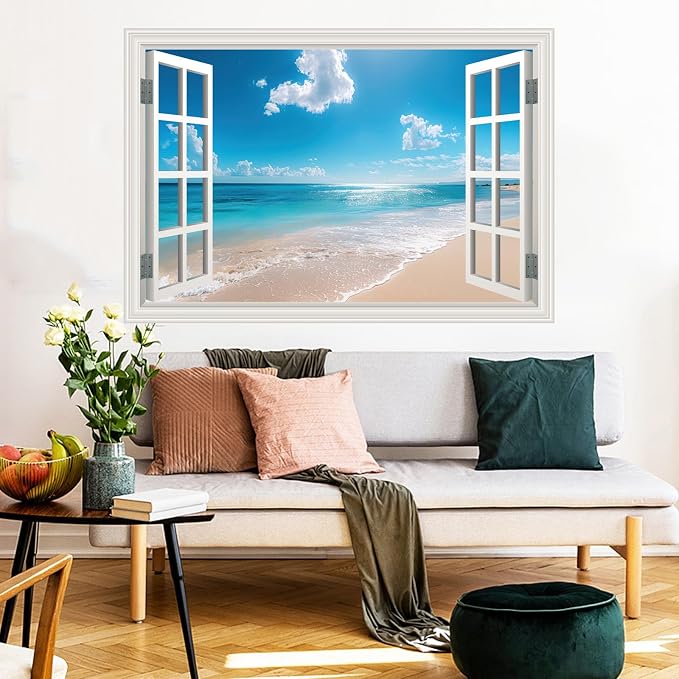 Fake Window Poster Wall Art Sticker - Summer Beach Faux Window Wall Mural for Wall Decor, Stick and Peel Wall Decals,48"x32",Set of 2 Sheets - Image 7
