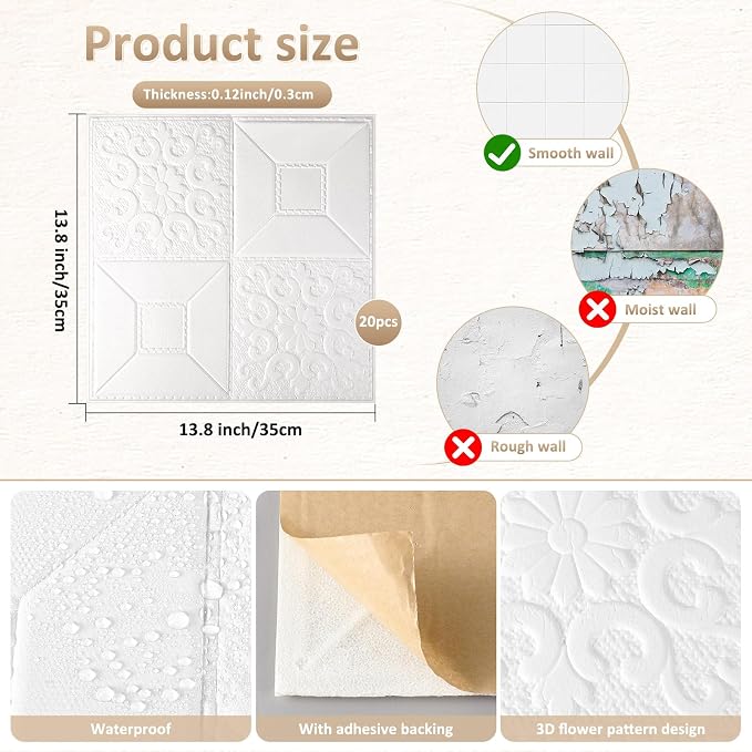 Nuanchu 20 Pcs 13.8 x 13.8 Inch Ceiling Tiles Peel and Stick, Mixed Style | Foam White 3D Wall Panels 26-105.5 Sq. ft Adhesive Glue up Waterproof Wallpaper for DIY Office Home - Image 2