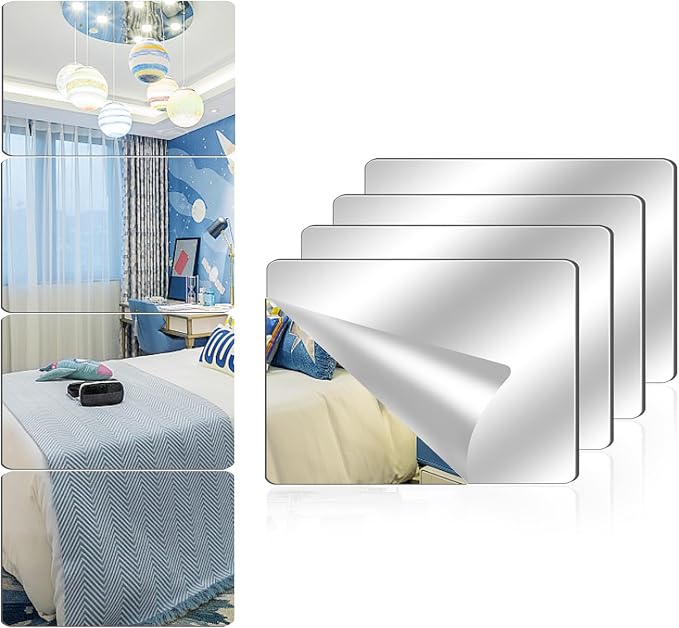4 Pack Acrylic Mirrors for Wall,12" x 16" Self Adhesive Frameless Small Mirror Tiles, Flexible Plastic Mirror Sheets for Home Wall Decor Bedroom Gym DIY (4, 12"x16") by Unknown