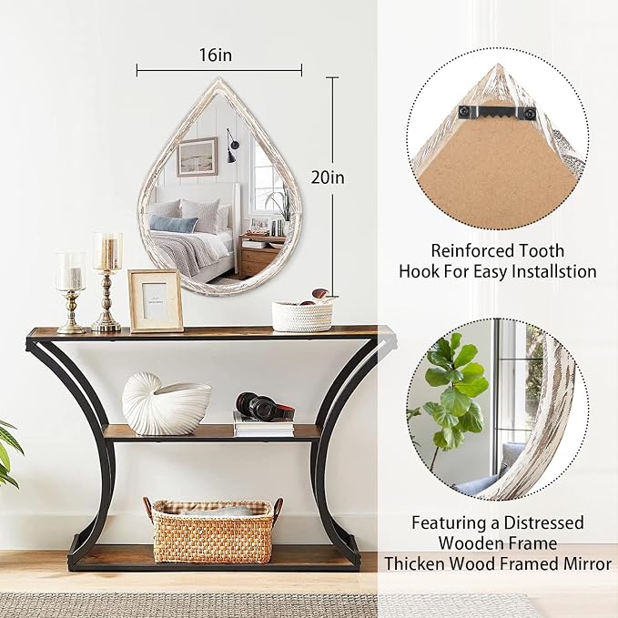Farmhouse Wall Hanging Mirror Drop Shaped Mirror with Wood Framed Wall Mirror Vintage Decor for Bedroom Living Room Bathroom Entryway - Image 5