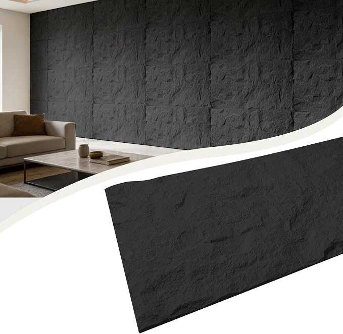3D Faux Stone Wall Panels, 1.18" (30MM) Extra Thick PU Stone Panels for Interior Wall Decor, 4 Pack Waterproof Lightweight Cement Texture Accent Panels for Living Room, Office, 47.2" x 23.6", Black - Image 6