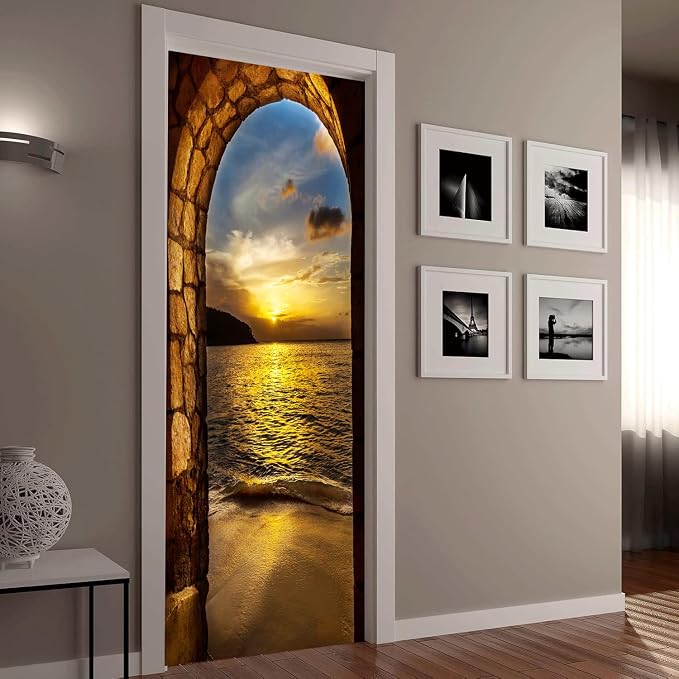 artfanke 3D Door Sticker Peel and Stick 33.5"x84.6"-Self-Adhesive Door Murals Wallpaper - Sunset Beach Arch Ocean Wall Decals Waterproof for Bedroom Decor (2 Sheets/Set) - Image 7