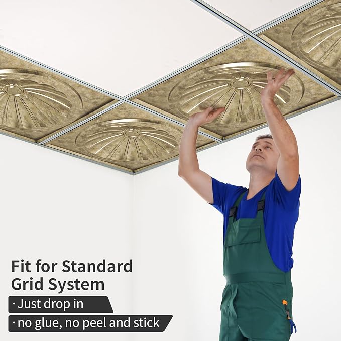 Art3dwallpanels Ceiling Tiles, 24 x 24 Inch, Antique Gold, 12 Pack | 3D Recessed Circle PVC Ceiling Panels, Fireproof Waterproof Light Tiles, 12 Pack 24"×24" Drop In Ceiling Decoration - Image 5