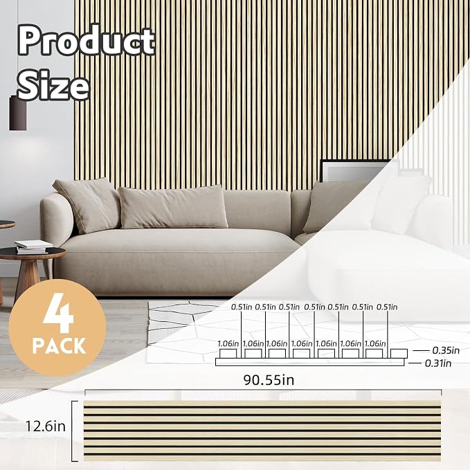 RITOLLO 4 Pack Wood Panels for Wall, 90.55"×12.6" Wood Slat Acoustic Panels for Wall, Soundproof Panels, 3D Fluted Panels for Interior Wall Decor (Natural Oak) - Image 2