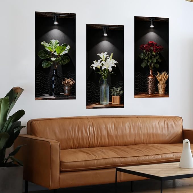 Dark Botanical Style Triptych Wall Stickers, 3 Sheets Floral Wall Decals with Lily Rose and Fiddle Leaf Fig on Shadowed Background, Peel and Stick Wall Murals Decor for Bedroom Living Room - Image 3