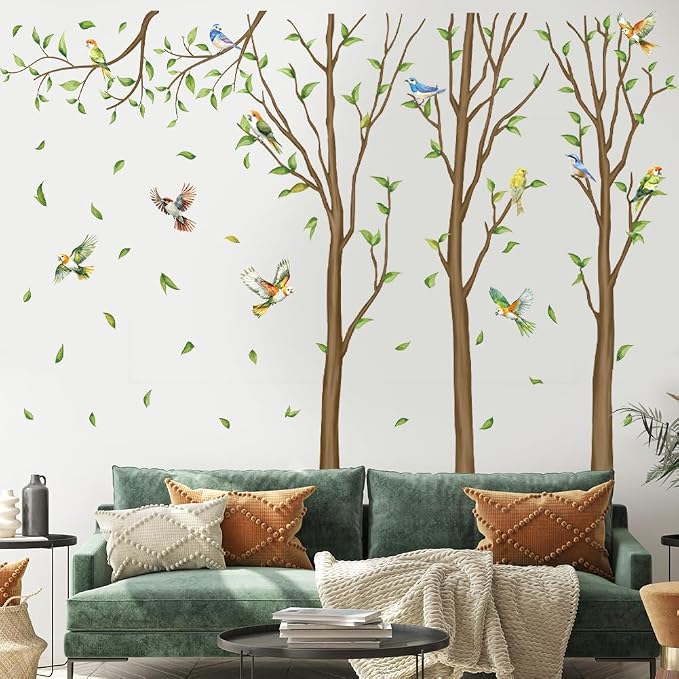 Family Tree Wall Sticker Green Leaf Birds Wall Art Decor Large Tree Branch Wall Decal Peel and Stick Woodland Animals Wall Sticker for Bedroom by Aurbhosa