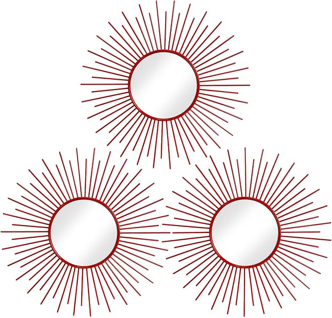 3 Pack Metal Mirrors for Wall Sunburst Wall Mirrors Home Décor Decorative Hanging Wall Art for Living Room Bedroom Entryway (Red, Sunburst) by Uaussi
