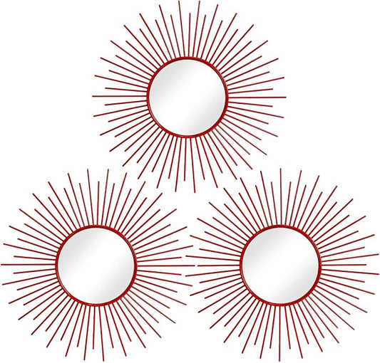 3 Pack Metal Mirrors for Wall Sunburst Wall Mirrors Home Décor Decorative Hanging Wall Art for Living Room Bedroom Entryway (Red, Sunburst) by Uaussi