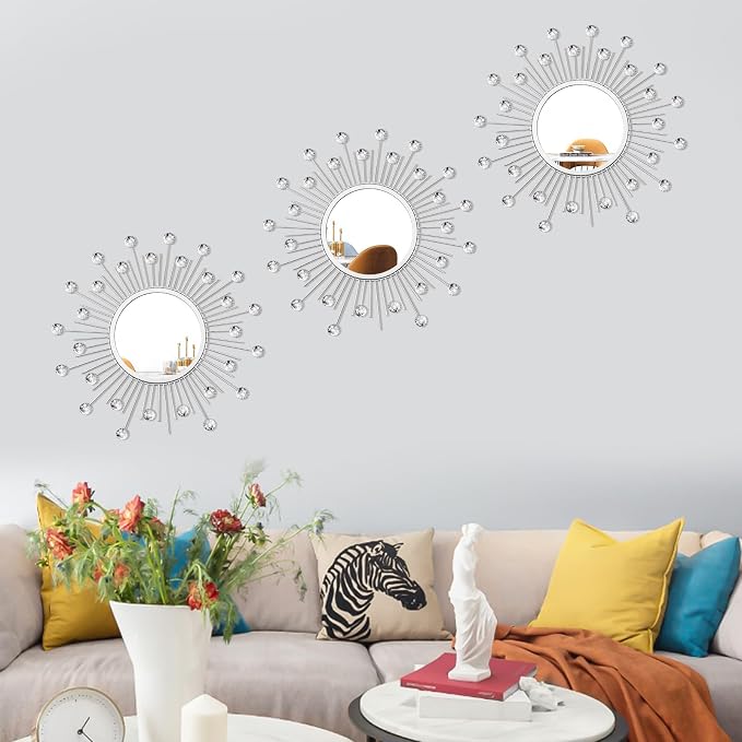 3 Pack Metal Mirrors for Wall Sunburst Wall Mirrors Home Décor Decorative Hanging Wall Art for Living Room Bedroom Entryway (Silver Crystal, Sunburst) - Image 2