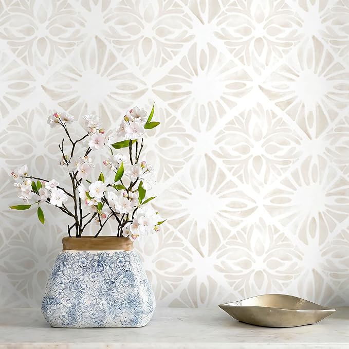 Boho Wallpaper Neutral Peel and Stick Wallpaper 393"x17.3" Geometric Wall Paper Beige and White Contact Paper Textured Removable Vinyl Waterproof for Bedroom Farmhouse Kitchen Bathroom by Fiula