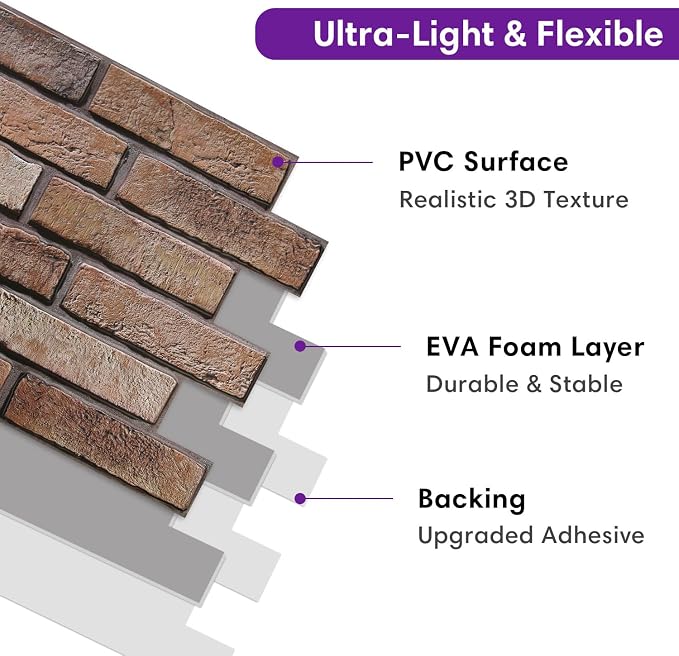 3D Peel and Stick Faux Brick Wall Panels 15.7" x 11.8" 10-Pack | Brown, Brick-Look Textured Wall Sticker, Thin Lightweight PVC Self Adhesive Wall Tiles for Interior Decor, Cover 12.9 sq ft - Image 4