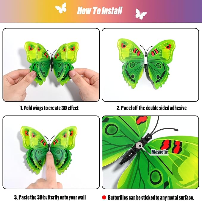 SAOROPEB 3D Butterfly Wall Decor, 48 Pcs Green Butterfly Decorations | Double Layer for Party Decorations Locker Decor Refrigerator Decal, Reusable - Image 7