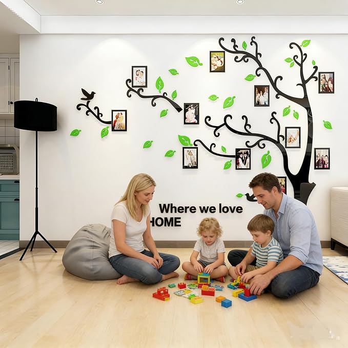 3D Tree Wall Stickers - DIY Photo Frame Tree Wall Decal Family Photo Frame Sticker Murals Wall Decor Living Room Bedroom TV Background Home Decorations (S:54 * 39in,Pale Green Left) - Image 2