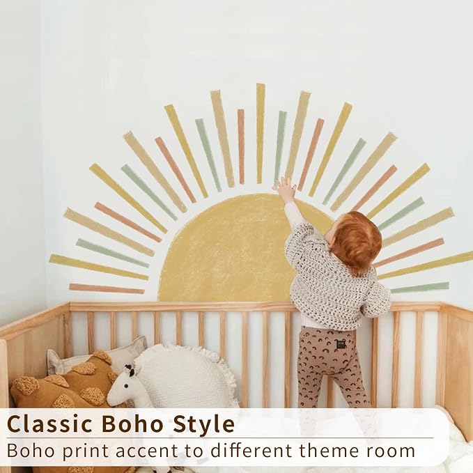 Large Radiant Boho Sunshine Wall Decal for Nursery Playroom | 48.07" x 24.82" Colorful Half Sun Wall Sticker, Peel and Stick Nursery Sun Rise Wall Mural for Kids Bedroom and Classroom - Image 3