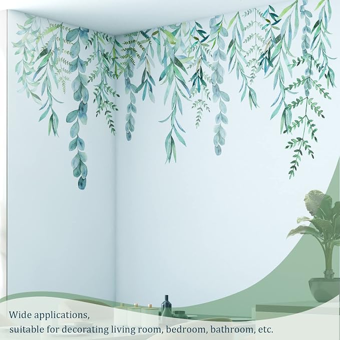 Green Hanging String of Willow Wall Decals Peel and Stick, Large Plants Vinyl Wall Stickers, Removable Vine Home Decor Art for Bedroom Living Room Classroom Office - Image 4